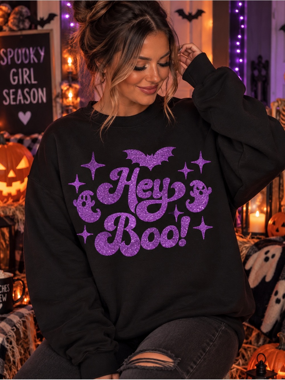 Hey Boo! Glitter Graphic Black Sweatshirt - Women's Halloween Sweater